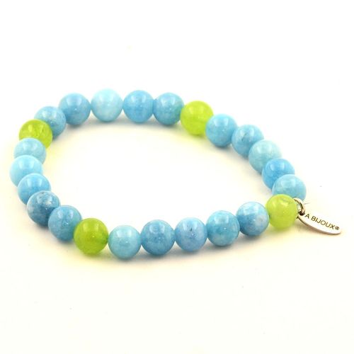 Bracelet Perles Calcédoine Bleu + Péridot 8 Mm. Fabriqué En France.