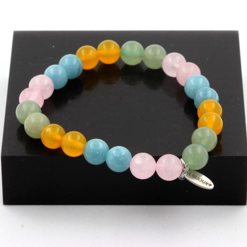 Bracelet Perles Aigue-Marine + Aventurine + Agate Jaune + Quartz Rose Fabriqué En France.