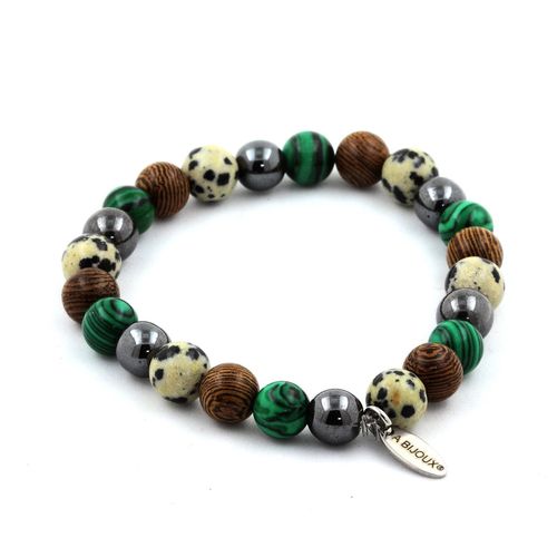 Bracelet Perles Hématite + Malachite + Jaspe Dalmatien + Bois 8 Mm. Fabriqué En France.