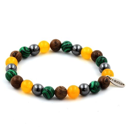 Bracelet Perles Hématite + Malachite + Agate Jaune + Bois 8 Mm. Fabriqué En France.