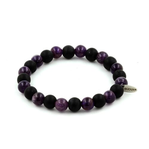 Bracelet Perles Améthyste + Onyx Noir Mat 8 Mm. Fabriqué En France.