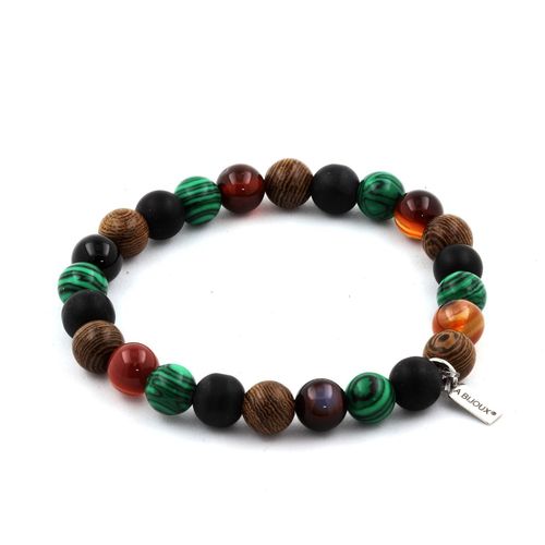 Bracelet Perles Agate Rubanée + Onyx Noir Mat + Malachite + Bois 8 Mm. Fabriqué En France.