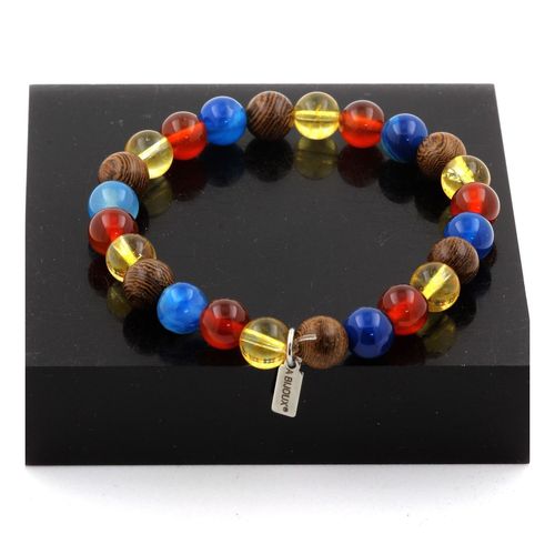 Bracelet Perles Citrine + Agate Rubanée Bleu + Agate Rouge + Bois 8 Fabriqué En France.