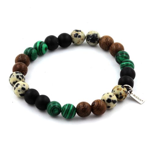 Bracelet Perles Jaspe Dalmatien + Malachite + Onyx Noir Mat + Bois 8 Fabriqué En France.
