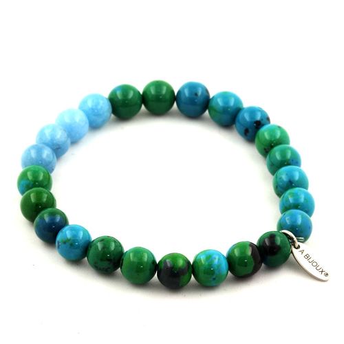 Bracelet Perles Chrysocolle + Calcédoine Bleu 8 Mm. Fabriqué En France.