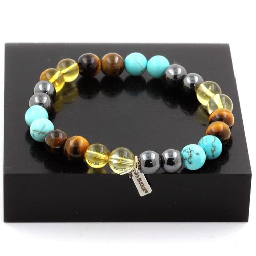 Bracelet Perles Citrine + Oeil De Tigre + Turquoise + Hématite 8 Mm. Fabriqué En France.