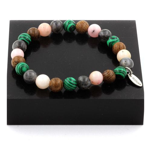 Bracelet Perles Opale Rose + Labradorite + Malachite + Bois 8 Mm. Fabriqué En France.