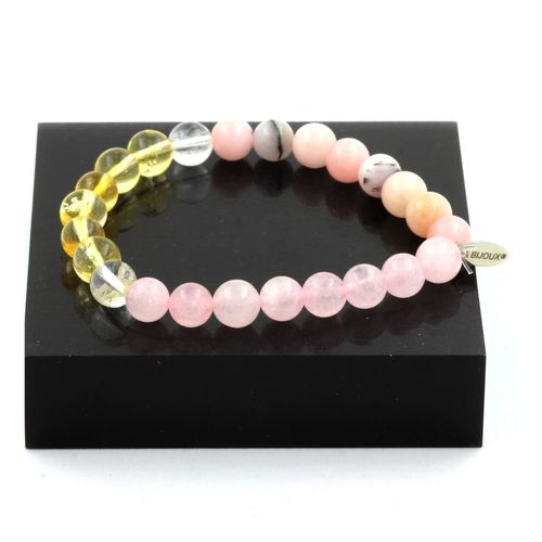 Bracelet Perles Opale Rose + Quartz Rose + Citrine + Quartz 8 Mm. Fabriqué En France.