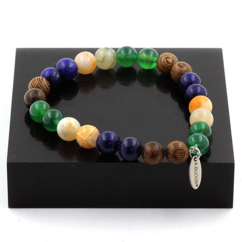 Bracelet Perles Lapis Lazuli + Agate Verte + Agate Feuille De Bambou + Fabriqué En France.
