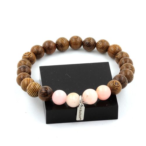 Bracelet Perles Opale Rose + Bois 8 Mm. Fabriqué En France.