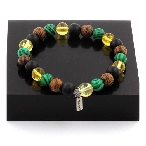 Bracelet Perles Citrine + Malachite + Onyx Noir Mat + Bois 8 Mm. Fabriqué En France.