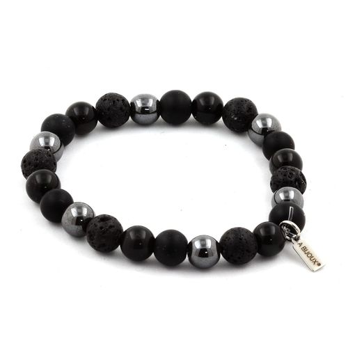 Bracelet Perles Obsidienne Noire + Onyx Noir Mat + Lave + Hématite 8 Fabriqué En France.