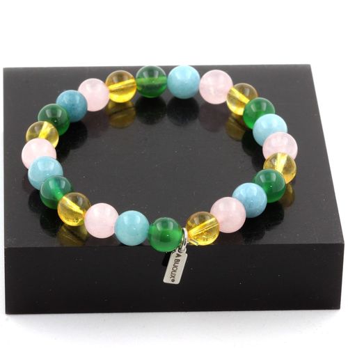Bracelet Perles Quartz Rose + Citrine + Aigue-Marine + Agate Verte 8 Fabriqué En France.