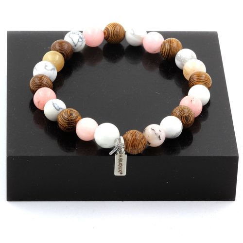 Bracelet Perles Opale Rose + Howlite + Bois 8 Mm. Fabriqué En France.