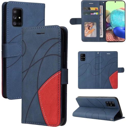 Coque Pour Samsung Galaxy A71 5g Portefeuille Flip Etui 3 Fentes Pour Cartes Stand Support Fermeture Magnétique Bicolores Dragonne Cuir 360 ° Antichoc 2& Verre Trempé,Bleu