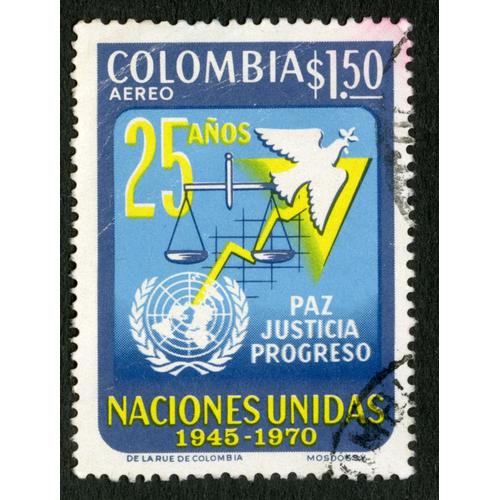 Timbre Oblitéré Colombia, Aereo, S 1.50, Paz Justicia Progreso, Naciones Unidas 1945 - 1970, 25 Anos, De La Rue De Colombia