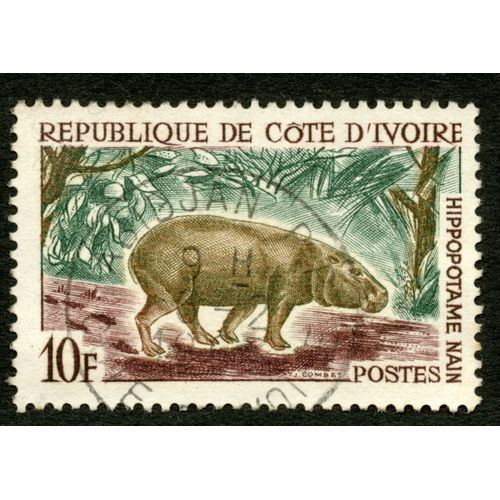 Timbre Oblitéré République De Cote D'ivoire, 10 F, Postes, Hippopotame Nain, Combet