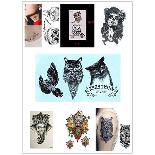 Tatouage Temporaire Résistant À L'eau, Faux Tatouage Pour Grand Bras, Hibou, Henné Indien, Autocollant, Tatouage Noir Personnalisé 