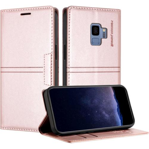 Coque Pour Samsung Galaxy S9, Housse En Cuir Pu Portefeuille Etui, Tpu Fonction Support Fentes Pour Cartes Anti-Choc Folio Magnetique Pour Samsung S9 Rose