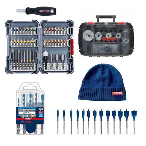 Kit BOSCH 5 forets expert + Assortiment d¿embouts de vissage + Coffret de scie trépan + Trousse mèches plates + Bonnet