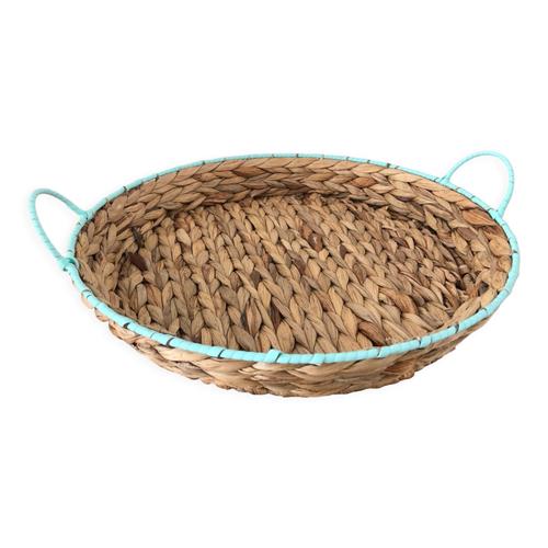 Panier rond en bambou tress et contours scoubidou turquoise bois