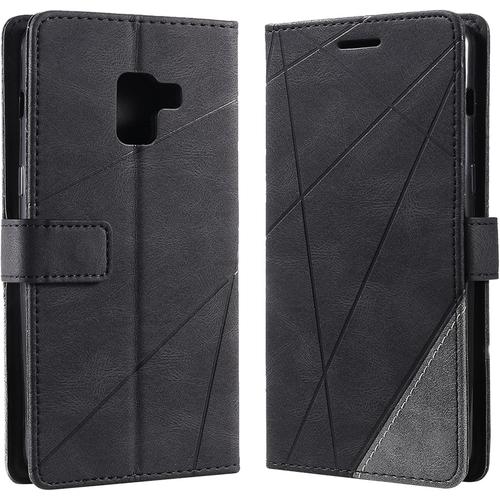 Coque Pour Samsung Galaxy A8 Plus 2018, Rabat Portefeuille De Protection Cuir Pu Etui, Slim Silicone Tpu Bumper Magnétique Housse, Flip Porte Cartes Avec Fonction Support Cover Case Le Noir