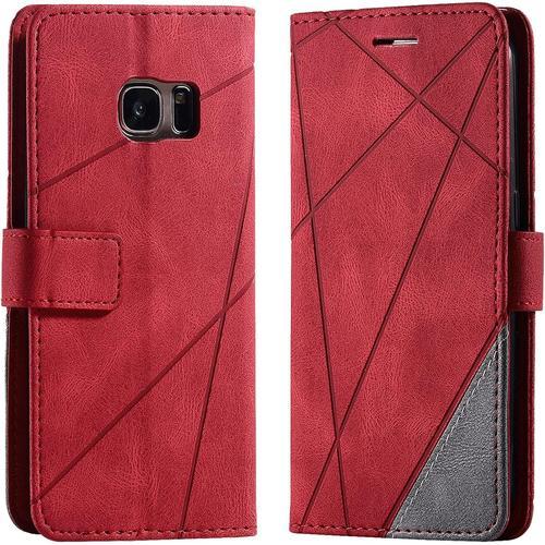 Coque Pour Samsung Galaxy S7, Rabat Portefeuille De Protection Cuir Pu Etui, Slim Silicone Tpu Bumper Magnétique Housse, Flip Porte Cartes Avec Fonction Support Cover Antichoc Case Rouge