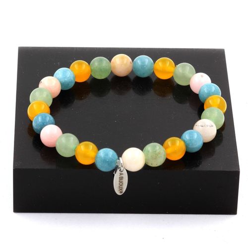 Bracelet Perles Opale Rose + Aigue-Marine + Agate Jaune + Péridot 8 Fabriqué En France.