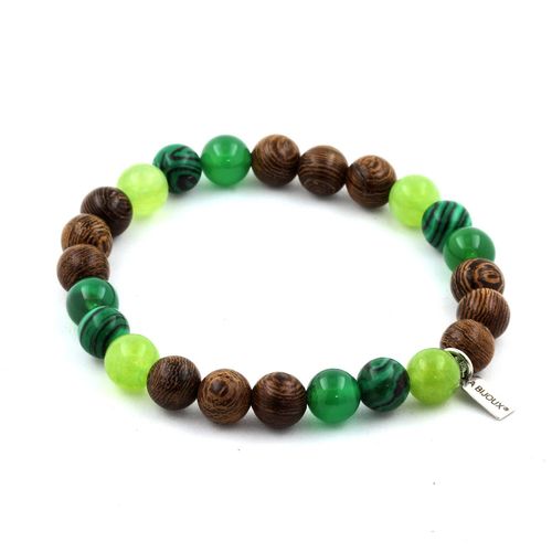 Bracelet Perles Péridot + Malachite + Agate Verte + Bois 8 Mm. Fabriqué En France.