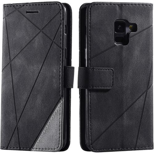 Coque Pour Samsung Galaxy A8 2018, Rabat Portefeuille De Protection Cuir Pu Etui, Slim Silicone Tpu Bumper Magnétique Housse, Flip Porte Cartes Avec Fonction Support Cover Antichoc Case Noir