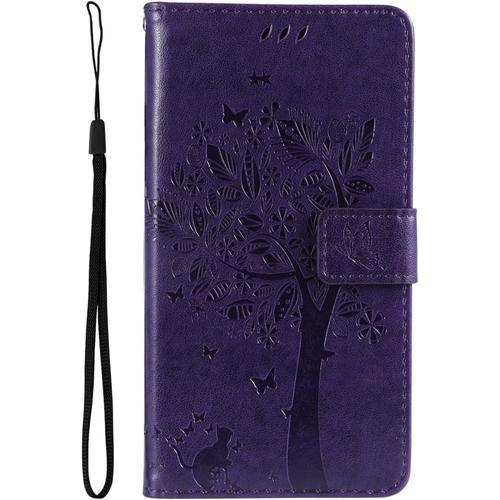 Étui De Protection À Rabat En Cuir Pour Samsung Galaxy A04s/A13 5g - Motif Arbre À Chat - Avec Compartiment Pour Cartes - Violet