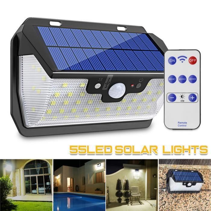 55 Led Applique Murale Lampe Solaire Exterieure Detecteur De Mouvement + Télécommande Fes41638