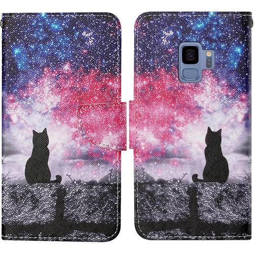 Coque Pour Samsung Galaxy S9, Coque En Cuir Pu Pour Samsung S9, Housse En Cuir Pu Galaxy S9, Magnétique Etui Housse De Protection Pour Samsung S9 Etui Portefeuille Galaxy S9 Chat 3