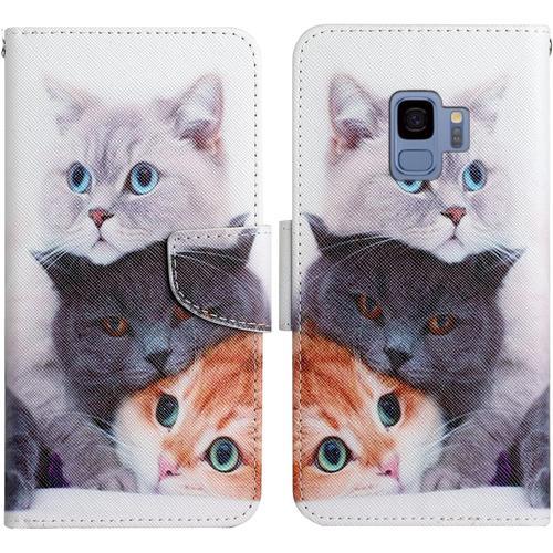 Coque Pour Samsung Galaxy S9, Coque En Cuir Pu Pour Samsung S9, Housse En Cuir Pu Galaxy S9, Magnétique Etui Housse De Protection Pour Samsung S9 Etui Portefeuille Galaxy S9 Chat 2