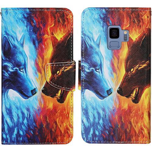 Coque Pour Samsung Galaxy S9, Coque En Cuir Pu Pour Samsung S9, Housse En Cuir Pu Galaxy S9, Magnétique Etui Housse De Protection Pour Samsung S9 Etui Portefeuille Galaxy S9 Loup