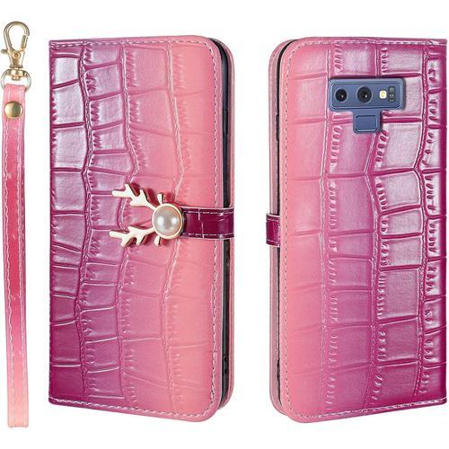 Coque Pour Samsung Galaxy Note 9 - Luxe Cerf Perle Paillettes Etui Housse Rabat Cuir Portefeuille Livre Carte Cordon Magnétique Folio Case Pour Samsung Galaxy Note 9 Ml -Violet