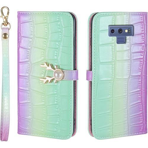 Coque Pour Samsung Galaxy Note 9 - Luxe Cerf Perle Paillettes Etui Housse Rabat Cuir Portefeuille Livre Carte Cordon Magnétique Folio Case Pour Samsung Galaxy Note 9 Ml -Vert