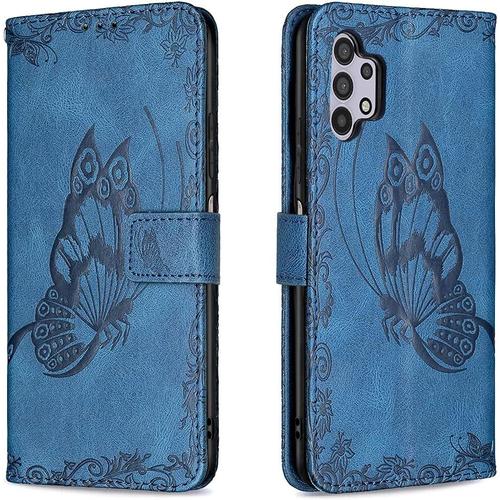 Coque Pour Samsung Galaxy A32 5g Cuir - Étui Coque En Relief Avec Cordon Protection Housse En Cuir Portefeuille Magnétique Supporter Pour Samsung Galaxy A32 5g Cover Papillon -Bleu