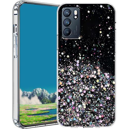 Pour Coque Oppo Reno 6 5g Glitter Transparente, Coque Oppo Reno 6 5g Fine Silicone Brillant Case Noir