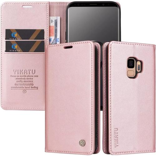 Coque Pour Samsung Galaxy S9,Etui Protection Housse Premium En Cuir Pu, Emplacements Cartes , Pochette Magnétique Flip Case,Rose