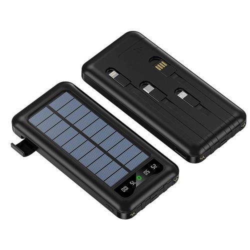 Batterie Externe Solaire 20000mah, Avec Câbles Intégrés, Double Éclairage Led, Pour Iphone/Ipad/Samsung Et Autres Appareils Intelligents ,Batterie De Secours Pour Randonnée Camping (Noir)