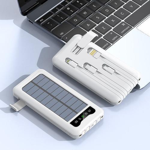 Batterie Externe Solaire 20000mah, Avec Câbles Intégrés, Double Éclairage Led, Pour Iphone/Ipad/Samsung Et Autres Appareils Intelligents ,Batterie De Secours Pour Randonnée Camping (Blanc)