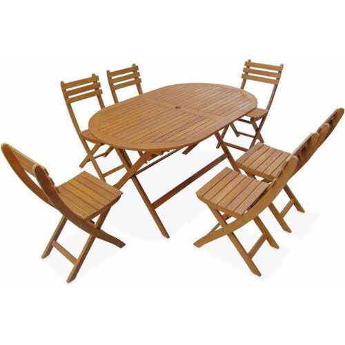 Salon De Jardin 6 Places Table Et 6 Chaises En Bois Acacia Pliable Meuble De Terrasse Mobilier D'extérieur