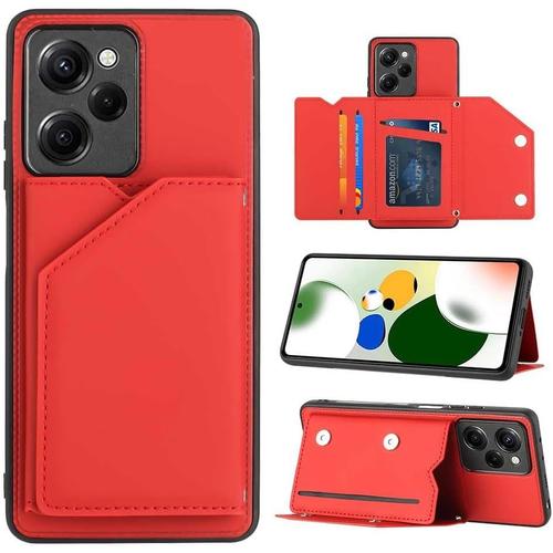 pour Xiaomi POCO X5 Pro 5G Coque - Étui Portefeuille Carte Fentes Arrière Poche Antichoc Pare-Chocs Métal Bouton Peau Coquille Housse Protect pour Xiaomi POCO X5 Pro 5G CHS -Red