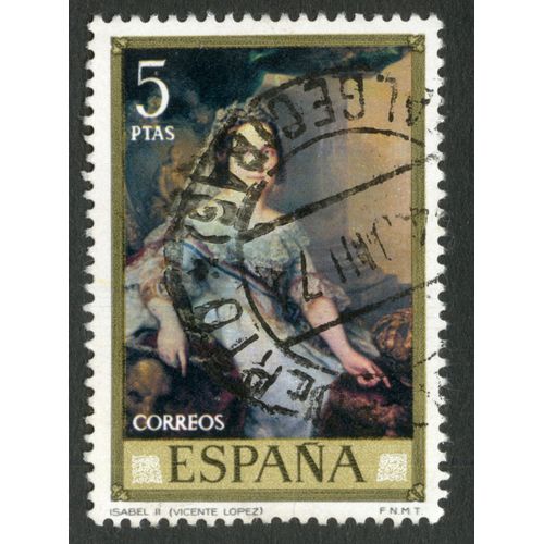 Timbre Oblitéré Espana, Correos, Isabel Ii, Vicente Lopez, 5 Ptas