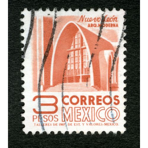 Timbre Oblitéré Mexico, Nuevo Léon, Arq.Moderna, 3 Pesos,