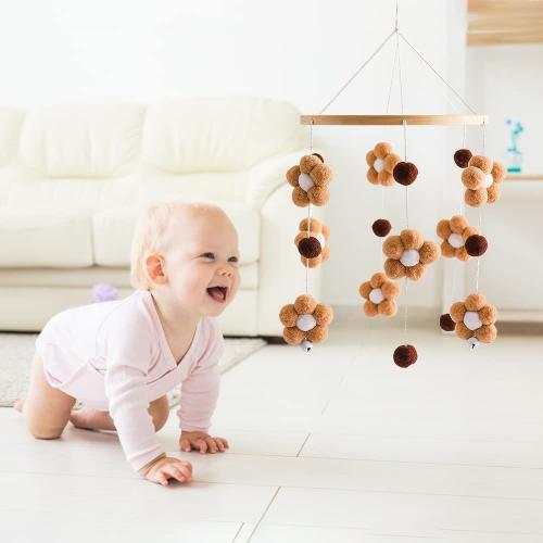 Mobile bébé en bois avec boules de feutre Chambre de bébé Cloche de lit  Lapin Carillon Cadeau Pour Nouveau-né Garçon Fille Décoration(Rose)