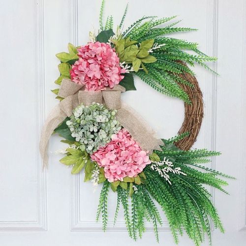 Couronne de feuilles d'hortensia artificielle avec n¿ud papillon, pour porte d'entrée extérieure, Simulation de fleurs, décoration de guirlande de printemps
