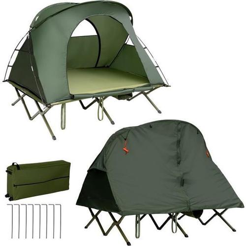 Costway Tente Camping Surélevée Pour 2 Personnes Matelas Auto-Gonflant Sac Transport À Roulettes Double Toit Crochet De Lampe Vert