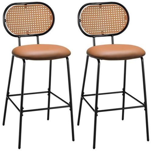 Costway Tabourets De Bar Lot De 2, Dossier En Rotin Pe, Siège En Cuir Pu - 75 Cm De Haut, Style Vintage Et Naturel